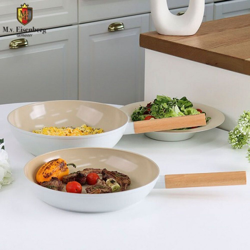 [M.v.Eisenberg] KUCHEN BAUM IH Ceramic Pan Series Set – 28cm Frying Pan, 28cm Wok | Non-Stick, Natural Mineral Coating, Induction-Compatible, Easy to Clean, with Elegant Wood Handle